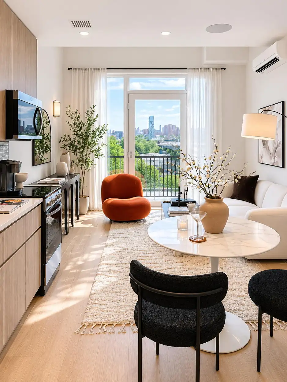 Standard residence living room with red chair and skyline view
