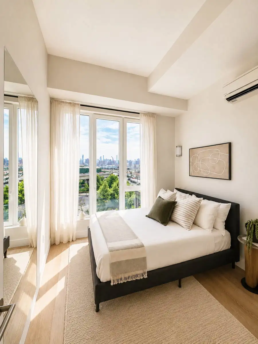 Bedroom with skyline views and soft curtains