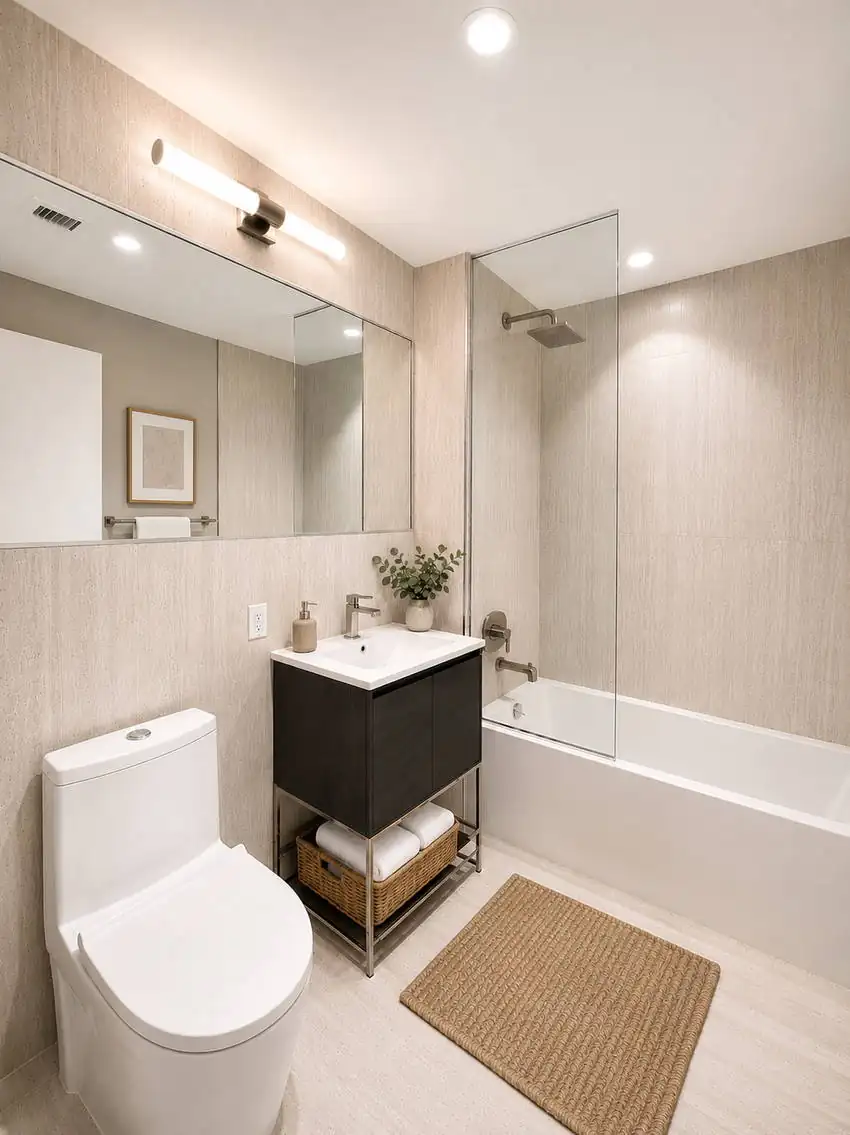 Standard residence bathroom with warm stone finishes