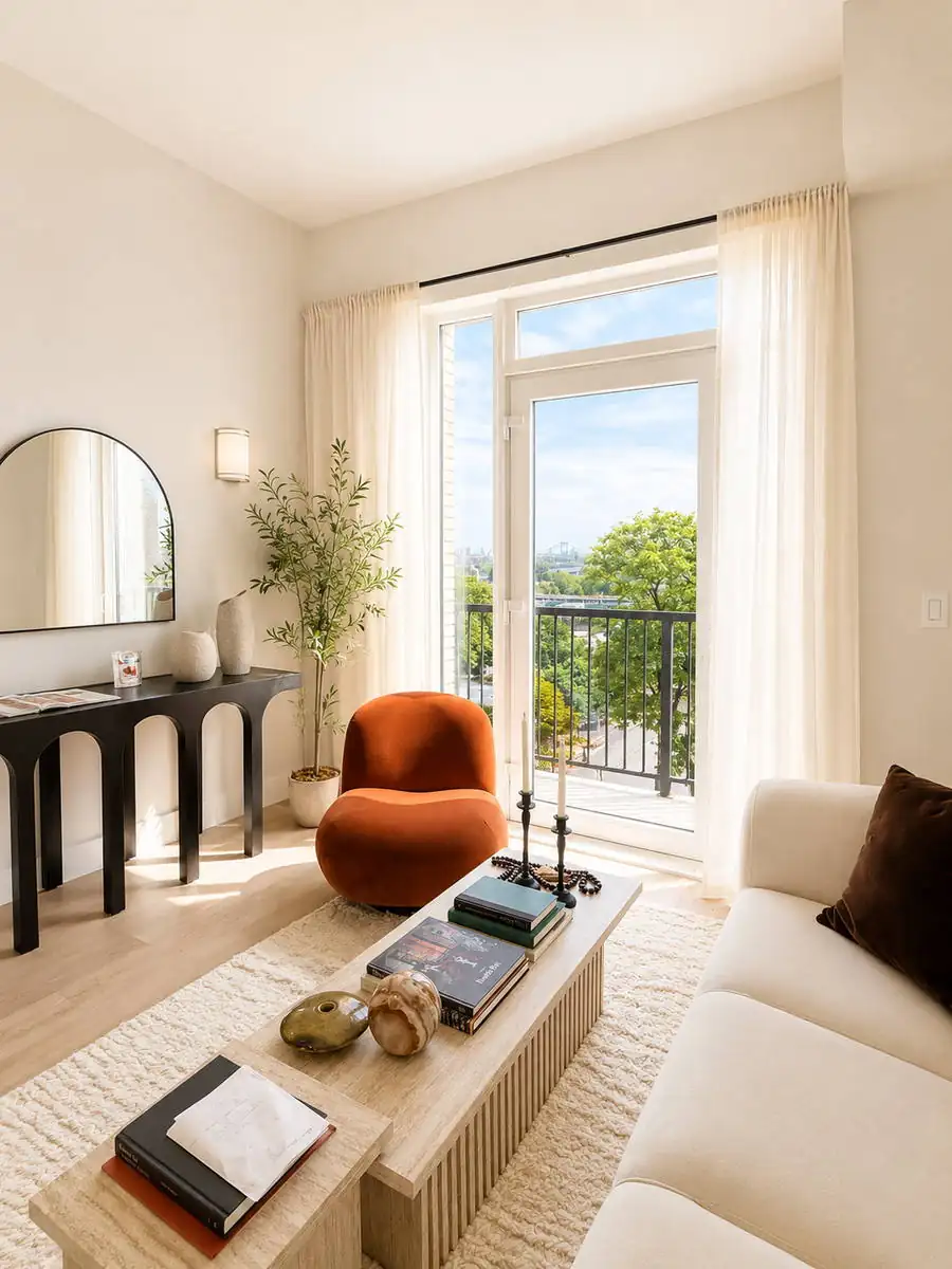 Living room detail with red chair and balcony light