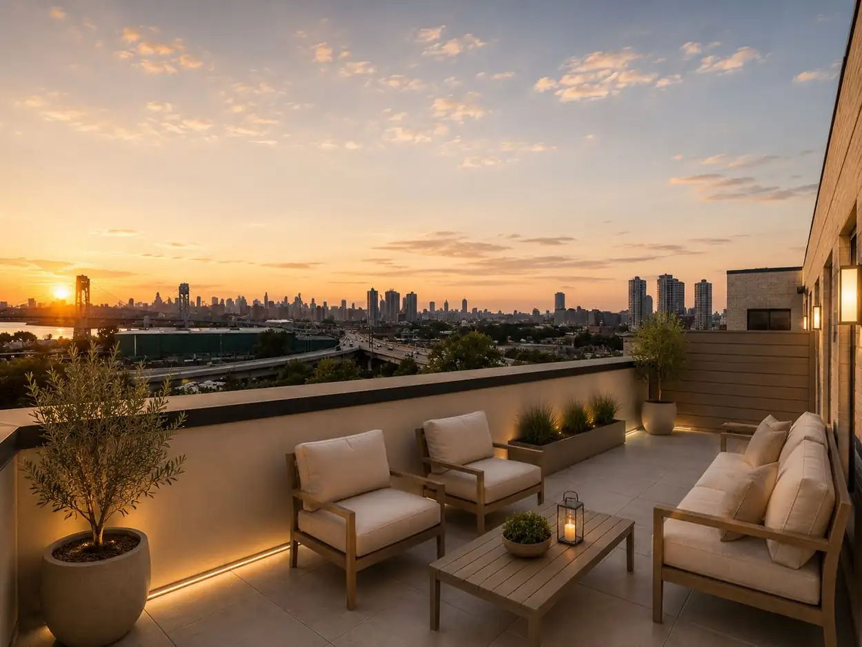 Waterfront terrace at sunset with skyline and river view