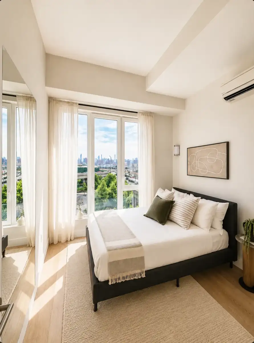 Residence 605 staged bedroom with skyline view