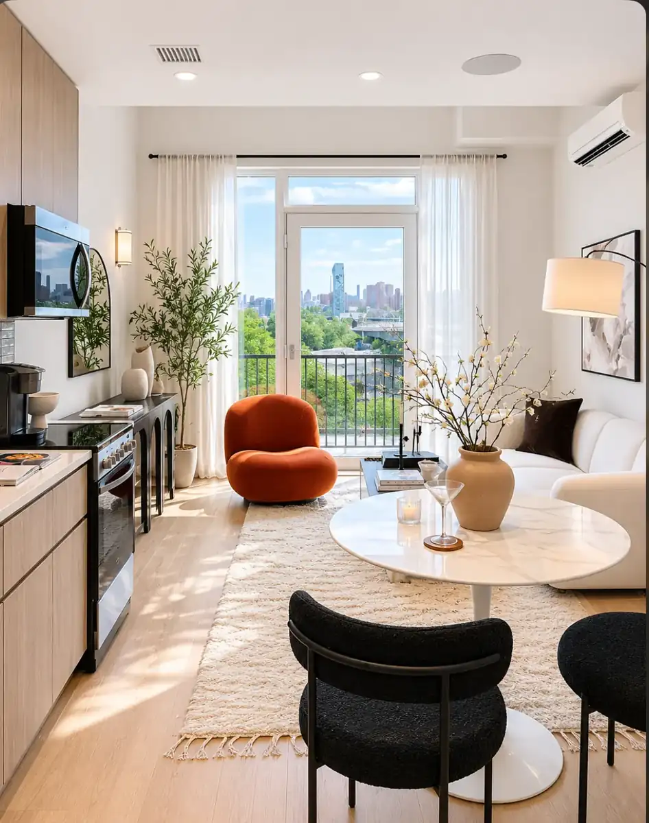 Residence 605 staged living room with skyline view