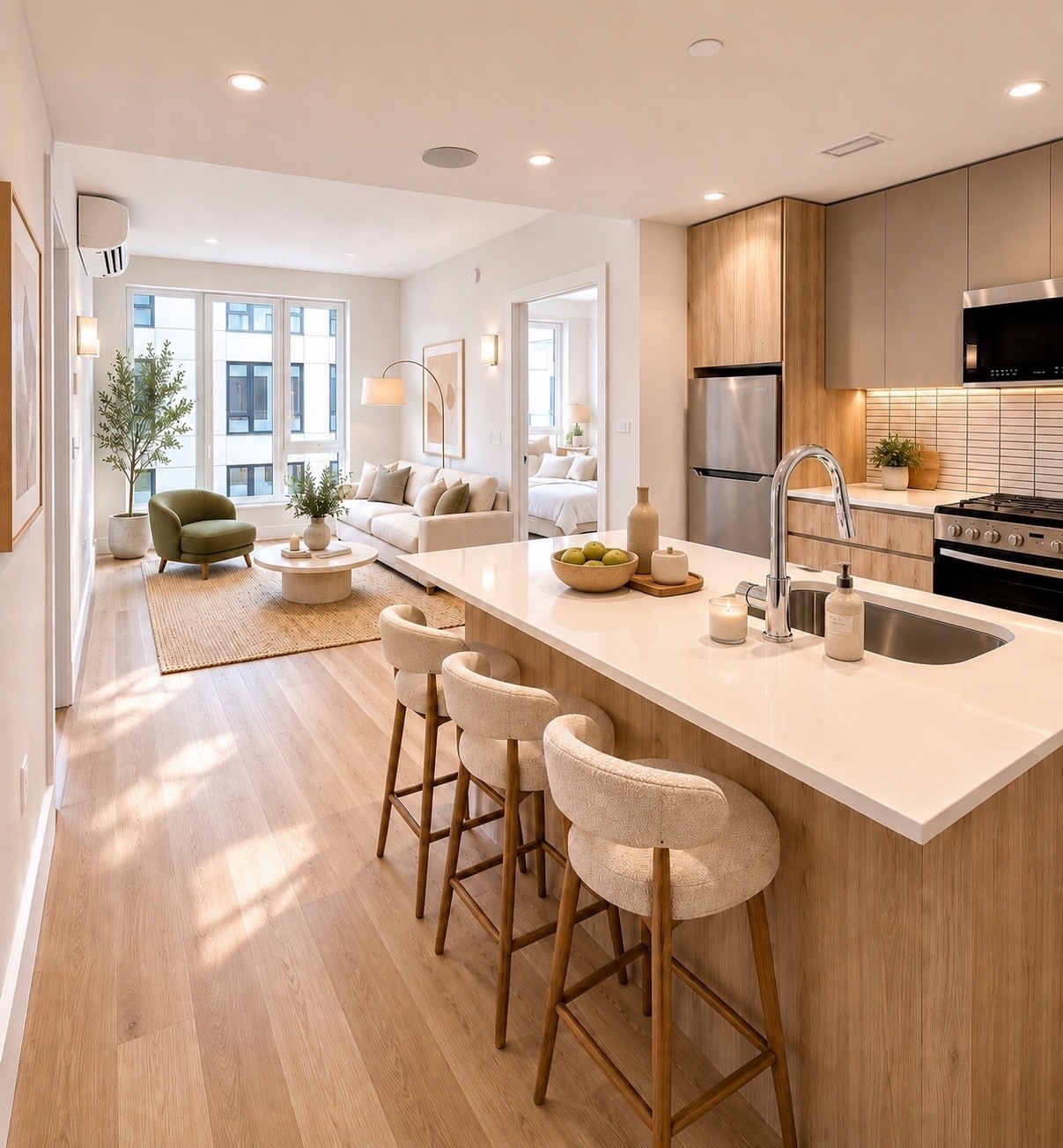 Residence 602 staged kitchen and living hero